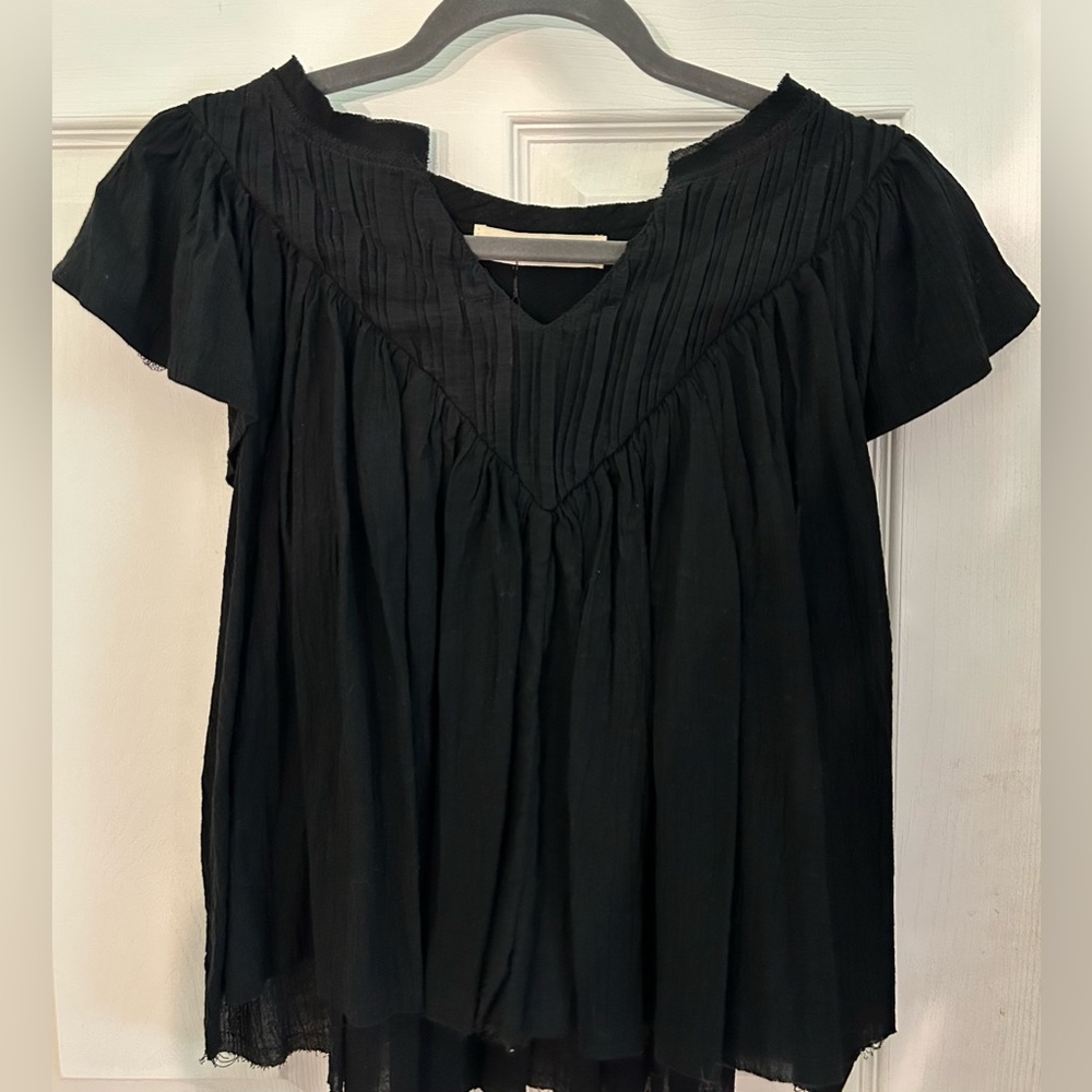 Black Pleated Ruffled Blouse with Short Sleeves